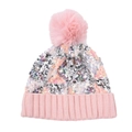 Detalle de gorro de punto con lentejuelas rosas, patrones geométricos y pompón de piel - Gorro de punto con lentejuelas / Rosa
