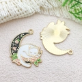 Enamel cat on moon charm in white and black for DIY jewelry making and crafts - 25x27mm
