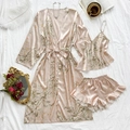 Three-piece floral satin sleepwear set with champagne pink robe, camisole and shorts - S / Champagne