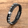 Men's double-layer black braided leather bracelet with gray beads and magnetic clasp - 23CM / Black Style 2