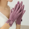 Elegantes guantes térmicos morados de invierno con bordado de hojas y lazo - Talla única / Malva