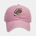 Detailed view of pink washed denim baseball cap with rugby and leopard heart print - Adjustable / Pink