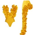 Detail of golden V-neck ruffle swimwear set with a long spiral satin accessory piece - Yellow Set