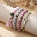 Böhmisches 4-teiliges Perlenarmband-Set mit rosa Quasten und Hamsa-Hand-Anhänger - 23030101-c / Reisperlen