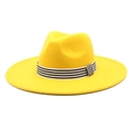 Macro shot of yellow wool felt fedora featuring classic black and white striped ribbon - M (56-58cm) / Yellow
