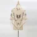 Beige lace triangle shawl featuring butterfly embroidery and long tassel detailing - Beige