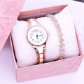 Close-up of golden quartz watch and gemstone bracelet set inside a pink gift box - 1028 Rose Gold Watch + Bracelet + Box
