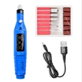 Blue portable electric nail file kit with 6 drill bits and 6 sanding bands and USB cable - USB-A / Blue