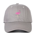 Close-up of pink flamingo embroidery on light grey cotton canvas baseball cap - Gray