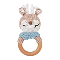 Handmade crochet baby rattle with a smooth wooden ring and beige blue deer character - Deer with Blue Scarf