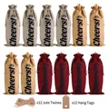 12-piece burlap wine gift bags set with Cheers print, jute twine, and heart tags - 3 Colors Bags/24 Clips/10m Jute Rope