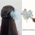 Light blue chiffon flower hair clip with pearl tassel and elegant gold metal pin - Light Blue