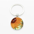 Sunflower oil painting keychain with silver metal ring and circular glass pendant charm - Silver-Sunflowers D