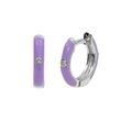 Detailed close-up of purple enamel huggie hoop earrings with sparkling zircon stones - Copper / Platinum-Purple