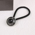 Western cowboy style elastic hair tie with vintage turquoise and engraved silver metal - Round-Black