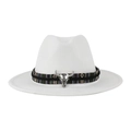 Dettaglio di cappello fedora in lana bianca con fascia etnica e testa di toro argento - Taglia unica / Bianco