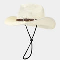 Close-up of beige woven straw hat with brown leather belt buckle strap and windproof cord - Ivory