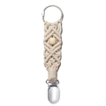 Detail of woven beige cotton hat clip with wooden bead and metal clasp for travel gear - Cream White Style D