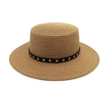 Chapeau de paille canotier rétro avec ruban en cuir clouté noir pour protection solaire - M (56-58cm) / Kaki