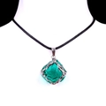 Emerald green raw crystal cube pendant with silver wire wrap on black cord necklace - Green (Silver)