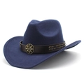 Vintage navy felt cowboy hat with brown leather band and metallic bull-head floral studs - M (56-58cm) / Navy Blue
