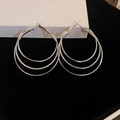 Triple-layered silver hoop earrings with mixed polished and glitter textures for women - 925 Silver Needle / Multi-layer Metal Hoop Style / Silver