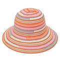Detail of multi-colored striped straw sun hat featuring a vibrant woven pattern and wide brim - M (56-58cm) / Orange