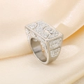Silver geometric stainless steel ring with micro-pave crystals on a silk background - Silver Rectangular Rhinestone Style (KR53380-K)