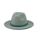 Detail of sage green fedora hat featuring a decorative blue woven chain ribbon band - Adult Size / Fruit Green Hat Blue Chain