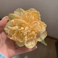 Elegant large yellow mesh flower hair clip with realistic fabric petals and green leaves - Yellow Peony