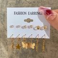 6-pair gold earring set with butterflies, stars, moons and clear zircon studs - Gold 6-Pair Set - Butterfly Star Moon Zircon