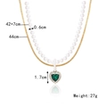 Double-layer gold snake chain and baroque pearl necklace with emerald heart pendant - Gold Double Layer Green Heart Gem Necklace