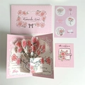 Set di biglietti pop-up 3D con rose rosa romantiche con adesivi e busta abbinata - Serie Rose-Bouquet Rosa Tipo 2