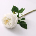White Austin artificial rose flower spray with detailed petals and green foliage spray - Single Stem/45cm / White