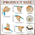 5-piece hummingbird wooden wall art set with dimensions and hook details shown - Colorful Orange and Blue Mandala Style (Y26Y90067_Q)