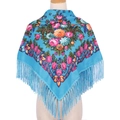 Ethnic 90x90 square blue floral silk scarf with elegant tassels on a female model - Sky Blue