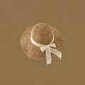 Straw beach sun hat for women featuring elegant white lace ribbon and bow decoration - Adjustable / Khaki-Lace Bow