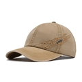 Washed khaki baseball cap featuring side SPORT embroidery and vintage metal plate logo - Camel