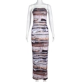Detail of trompe l'oeil zipper print on a brown slim-fit tube maxi dress for women - S / Multicolor