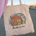 Beige canvas tote bag featuring mushroom prints and Stay Wild Live Free text design - STD874-R Stay Wild Live Free