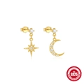 Classic S925 sterling silver star and moon earrings with gold plating and white zircon - Asymmetric Star Moon Style (Gold)