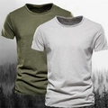 Detail van legergroene en grijze slub katoenen t-shirts met natuurlijke stofstructuur - S / Legergroen + Lichtgrijs