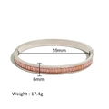 Silver stainless steel bangle with rectangular champagne zircon and size specs - Pink Zirconia Style (HF-B5119-S-PK)