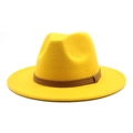 Detail of bright yellow felt fedora featuring a slim brown leather band accessory - M (56-58cm) / Yellow