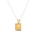 Elegant white pearl necklace featuring a vintage gold book pendant with intricate carvings - Gold Vintage Book with Pearls