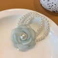 Elegant camellia hair tie with large white pearl center and double-strand pearl band - Camellia Pearl Style / Green