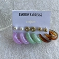 6-pair set of gold-tone earrings with colorful resin hoops and faux pearl studs - KC Gold (6578)