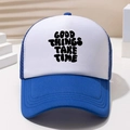 Navy and white trucker cap with 'GOOD THINGS TAKE TIME' text on minimalist stone setting - Royal Blue