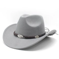 Detail of grey wool felt cowboy hat with braided leather band and silver leaf metal accents - Gray