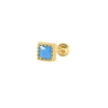 Macro shot of blue square zircon stud earring with golden screw back and metal bead base - Blue Turquoise